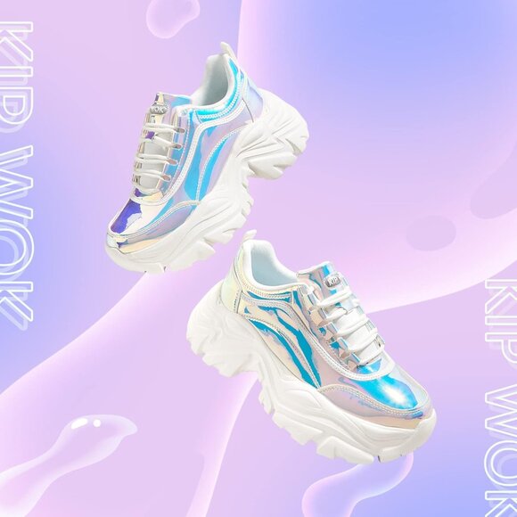 Brand New Women White Hologram Rubber LUCKY STEP Chunky Platform Sneakers - Picture 3 of 7